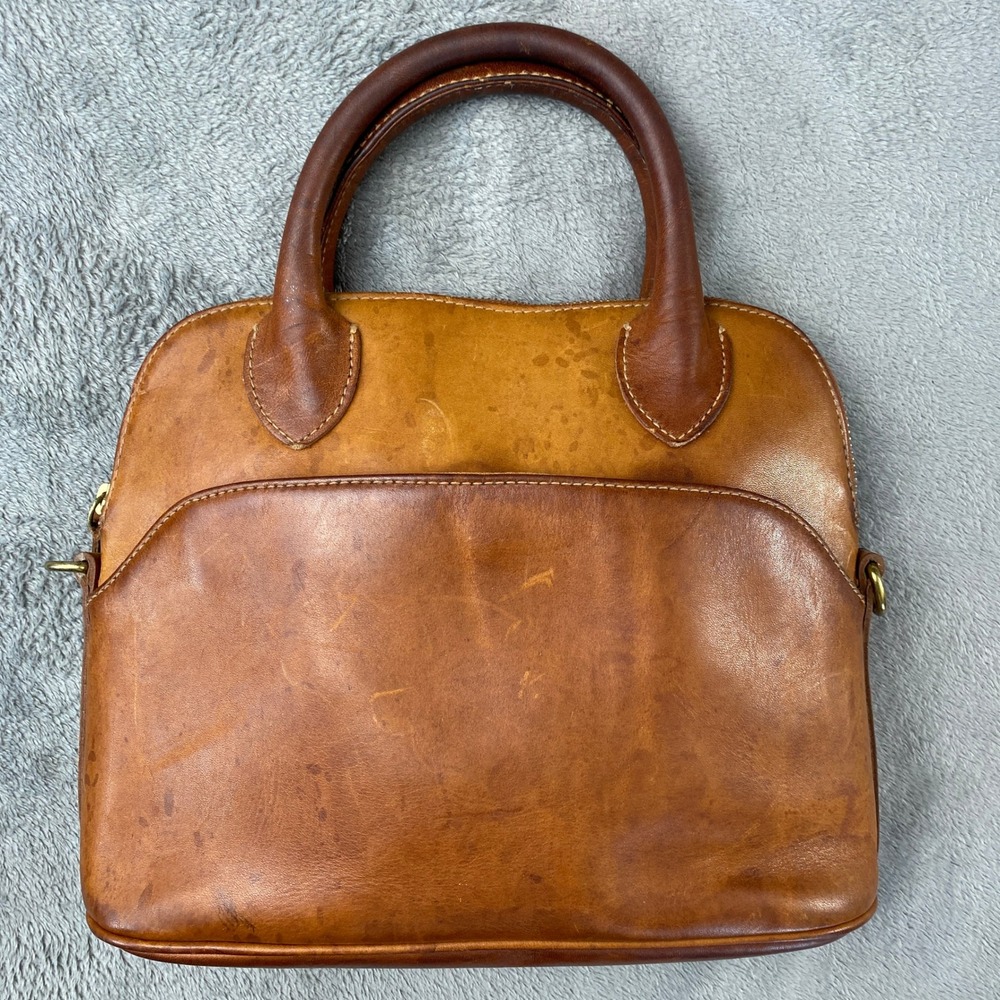 Vintage G.H. Bass Co Satchel Bag M Tan Leather Dome Style Patina Brass Hardware - Picture 3 of 12